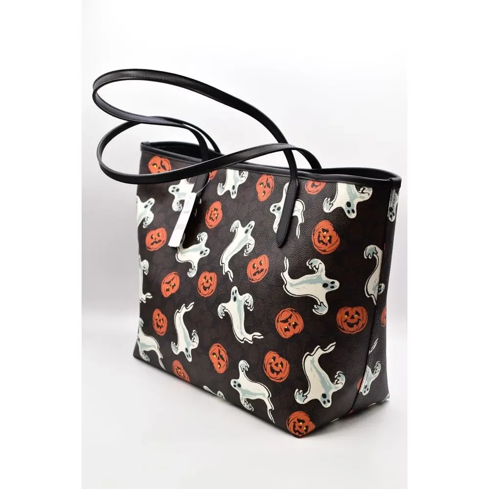 Coach City Tote Bag In Signature Canvas With Halloween Print Pumpkin Ghost NWT